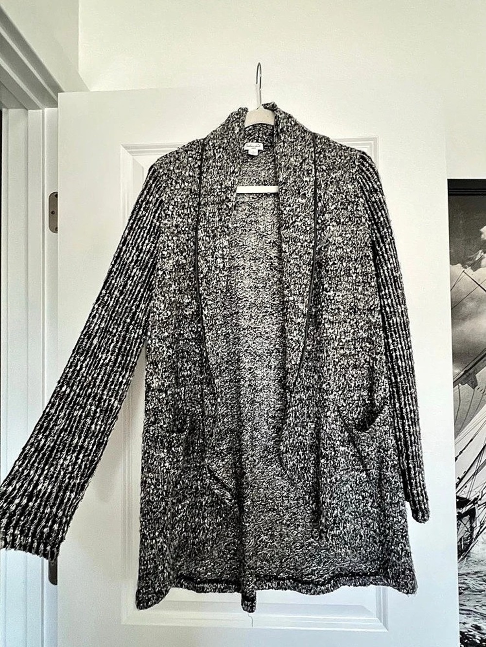 Splendid Open Front Knit Cardigan in Black & White Large